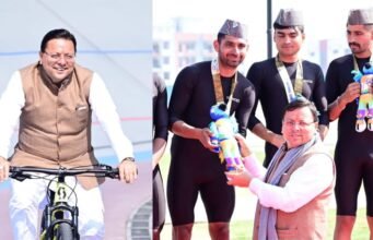 सीएम धामी का मनोरंजन अंदाज, ट्रैक पर की साईकिलिंग- पदक विजेताओं को किया सम्मानित