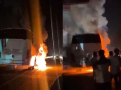 लामाचौड़ चौराहे पर बाइक टक्कर के बाद चलती बस में लगी आग, बड़ा हादसा टला